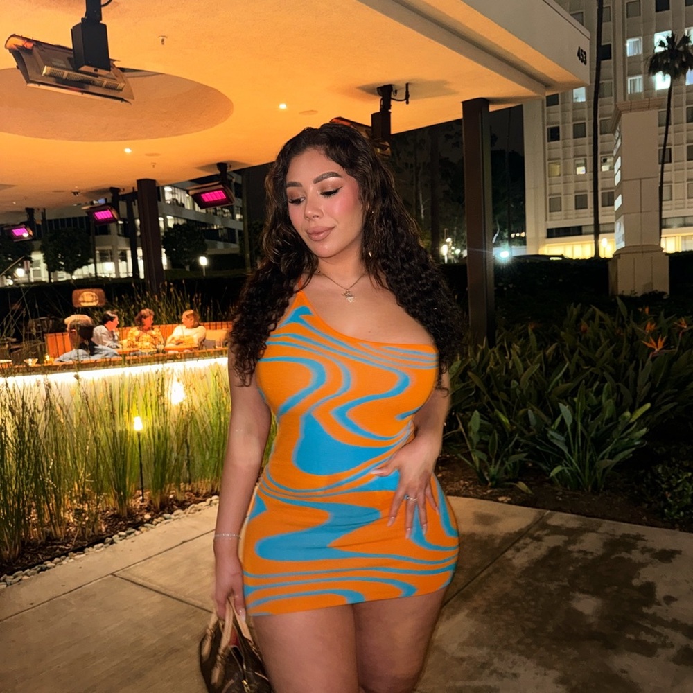 Fashion Nova One Shoulder Orange and Blue Dress